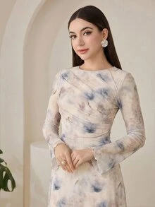 Veilorie 女士扎染圆领喇叭袖优雅长裙 - 淡紫色 - 查看 4