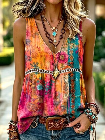 EMERY ROSE Plus Size Bohemian Watercolor Floral Contrast Print V-Neck Sleeveless Tank Top Women, Vintage Slouchy A-Line Hem Outerwear Camisole, Vacation Casual Top