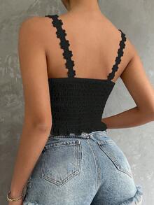 Structelle Women's Minimalist Solid Color Textured Bodycon Camisole, Summer Lace Black Top Cute Black Top - Black - View 2
