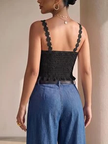 Structelle Women's Minimalist Solid Color Textured Bodycon Camisole, Summer Lace Black Top Cute Black Top - Black - View 8