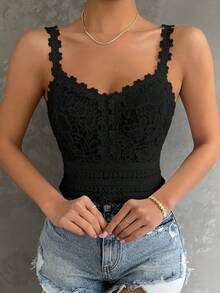 Structelle Women's Minimalist Solid Color Textured Bodycon Camisole, Summer Lace Black Top Cute Black Top - Black - View 4
