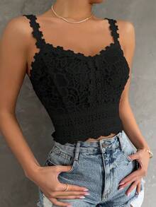 Structelle Women's Minimalist Solid Color Textured Bodycon Camisole, Summer Lace Black Top Cute Black Top - Black - View 5