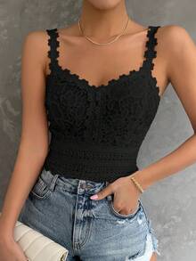 Structelle Women's Minimalist Solid Color Textured Bodycon Camisole, Summer Lace Black Top Cute Black Top - Black - View 3
