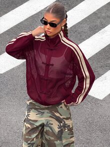 Muchica Women's Colorblock Button-Front Casual Versatile Daily Long Sleeve Jacket - Burgundy - View 4