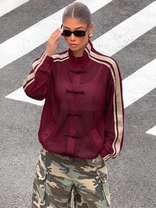 Muchica Women's Colorblock Button-Front Casual Versatile Daily Long Sleeve Jacket - Burgundy - View 5