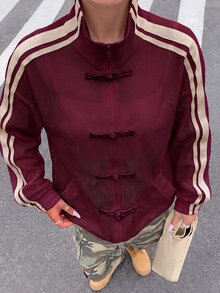 Muchica Women's Colorblock Button-Front Casual Versatile Daily Long Sleeve Jacket - Burgundy - View 1
