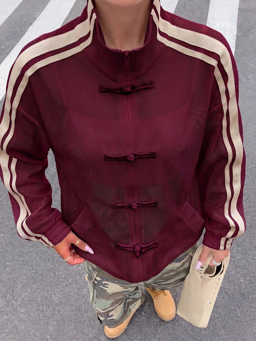 Muchica Women's Colorblock Button-Front Casual Versatile Daily Long Sleeve Jacket - Burgundy - View 1
