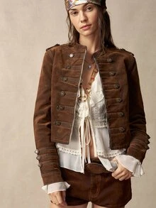 Bohemela Casual Solid Color Woven Fitted Women's Jacket - Brown - View 3