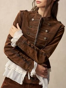 Bohemela Casual Solid Color Woven Fitted Women's Jacket - Brown - View 8