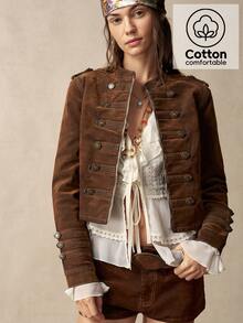 Bohemela Casual Solid Color Woven Fitted Women's Jacket - Brown - View 2