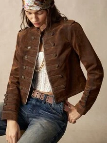 Bohemela Casual Solid Color Woven Fitted Women's Jacket - Brown - View 1