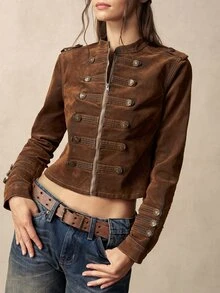 Bohemela Casual Solid Color Woven Fitted Women's Jacket - Brown - View 6