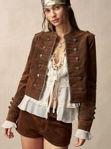 Bohemela Casual Solid Color Woven Fitted Women's Jacket - Brown - View 7