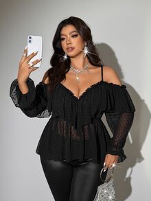 Viva Relle Valentine Plus-Size Women's Sexy Off-The-Shoulder Long-Sleeve Shirt For New Year Fall - Black - View 5