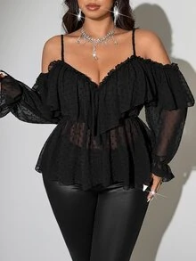 Viva Relle Valentine Plus-Size Women's Sexy Off-The-Shoulder Long-Sleeve Shirt For New Year Fall - Black - View 3