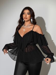 Viva Relle Valentine Plus-Size Women's Sexy Off-The-Shoulder Long-Sleeve Shirt For New Year Fall - Black - View 2