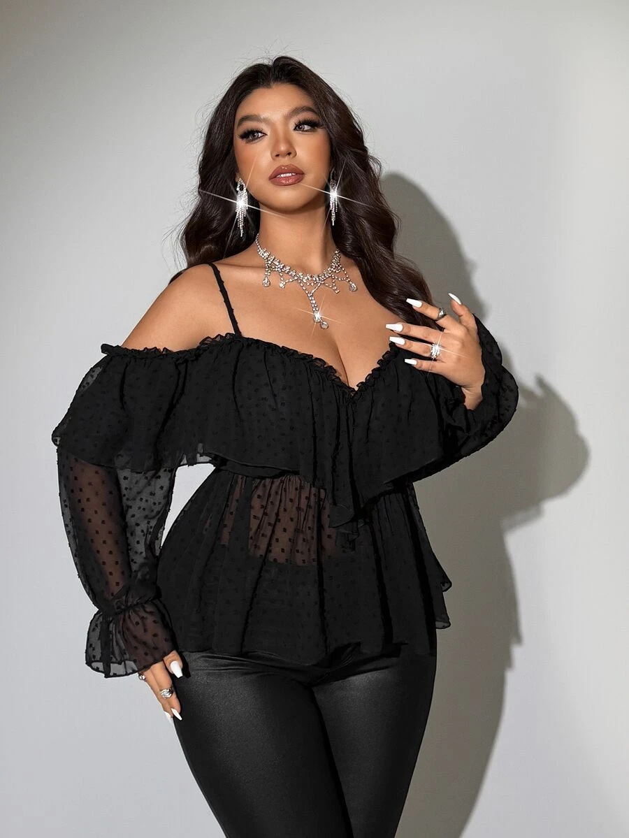 Viva Relle Valentine Plus-Size Women's Sexy Off-The-Shoulder Long-Sleeve Shirt For New Year Fall - Black - View 1