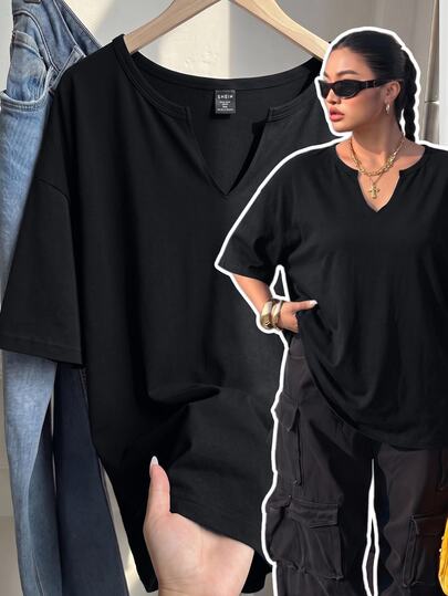 Muchica Kaos Kasual Lengan Pendek Leher V Berlekuk Warna Polos untuk Wanita Ukuran Besar