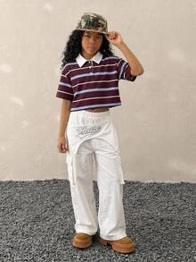 Tween Girls Summer Form-Fitting Striped Contrast Color Polo Neck Red/Brown T-Shirt,Parent-Child Clothing - Multicolor - View 5