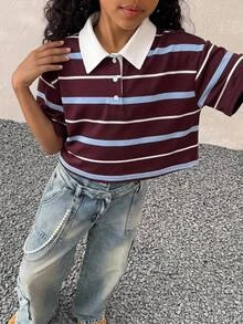 Tween Girls Summer Form-Fitting Striped Contrast Color Polo Neck Red/Brown T-Shirt,Parent-Child Clothing - Multicolor - View 6
