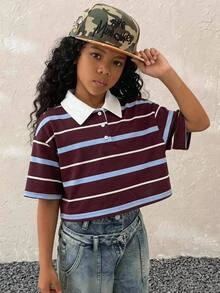Tween Girls Summer Form-Fitting Striped Contrast Color Polo Neck Red/Brown T-Shirt,Parent-Child Clothing - Multicolor - View 2