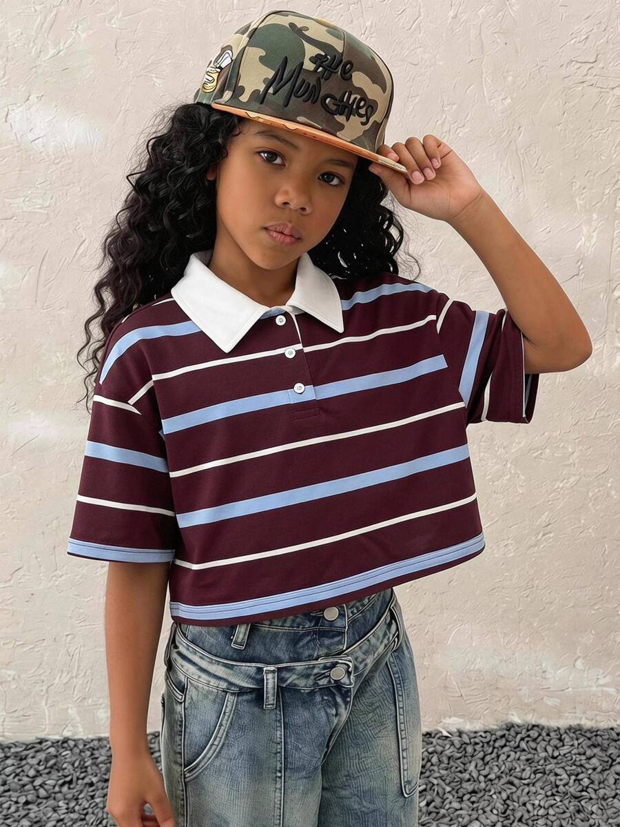 Tween Girls Summer Form-Fitting Striped Contrast Color Polo Neck Red/Brown T-Shirt,Parent-Child Clothing