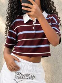 Tween Girls Summer Form-Fitting Striped Contrast Color Polo Neck Red/Brown T-Shirt,Parent-Child Clothing - Multicolor - View 7