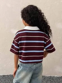Tween Girls Summer Form-Fitting Striped Contrast Color Polo Neck Red/Brown T-Shirt,Parent-Child Clothing - Multicolor - View 3