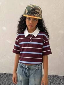 Tween Girls Summer Form-Fitting Striped Contrast Color Polo Neck Red/Brown T-Shirt,Parent-Child Clothing - Multicolor - View 4