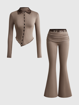 Y2K asymmetrisches 2-in-1-Top mit Knopfleiste & Schlaghose mit tiefem Bund und Spitzenbund, 2-teiliges Set für Damen