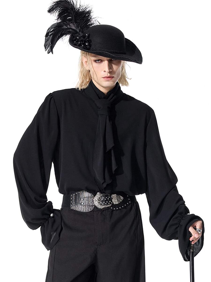 ROMWE MEN Goth 男士深色哥德風復古皇家風格街頭長袖襯衫 - 黑色 - 查看 1