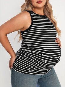 Plussiva Maternity Plus Size Striped Round Neck Casual Versatile Tank Top For Women , Tummy Hide - Black and White - View 6