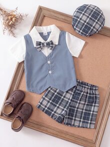 Souflis Souflis 幼童男童紳士學院風 2 合 1 短袖休閒優雅格紋套裝，附領結＋帽子，嬰兒藍，夏季婚禮穿搭 - 藍色 - 查看 5