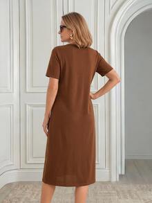 Miaspire Elegant Business Modest, Pleated Tailored, Work Dress Women, Structured Fabric, Brown Caramel, Slim Fit A-Line, Office Ceremony, Fall Autumn Winter - Brown - View 3