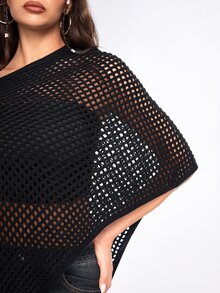 ROMWE Goth 女款休閒慵懶鏤空針織上衣，適合海灘度假 - 黑色 - 查看 8
