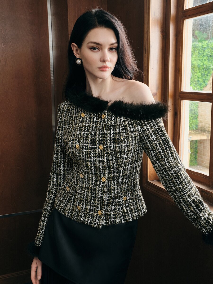 Anewsta Women's Autumn/Winter Faux Fur Patchwork Asymmetrical Shoulder Tweed Jacket - Black - View 1