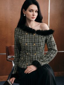 Anewsta Women's Autumn/Winter Faux Fur Patchwork Asymmetrical Shoulder Tweed Jacket - Black - View 4