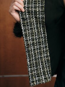 Anewsta Women's Autumn/Winter Faux Fur Patchwork Asymmetrical Shoulder Tweed Jacket - Black - View 8