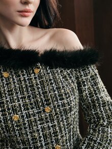 Anewsta Women's Autumn/Winter Faux Fur Patchwork Asymmetrical Shoulder Tweed Jacket - Black - View 2