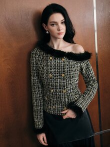 Anewsta Women's Autumn/Winter Faux Fur Patchwork Asymmetrical Shoulder Tweed Jacket - Black - View 5