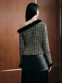 Anewsta Women's Autumn/Winter Faux Fur Patchwork Asymmetrical Shoulder Tweed Jacket - Black - View 7