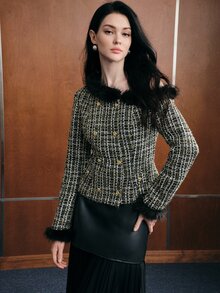 Anewsta Women's Autumn/Winter Faux Fur Patchwork Asymmetrical Shoulder Tweed Jacket - Black - View 6