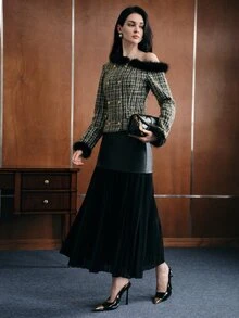 Anewsta Women's Autumn/Winter Faux Fur Patchwork Asymmetrical Shoulder Tweed Jacket - Black - View 3