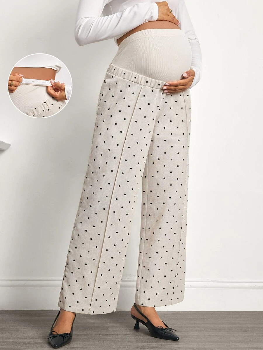 SHEIN Celana Hamil Motif Polkadot Potongan Lurus - Khaki - View 1