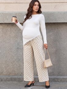 SHEIN 孕婦波點印花直筒長褲 - 卡其色 - 查看 2