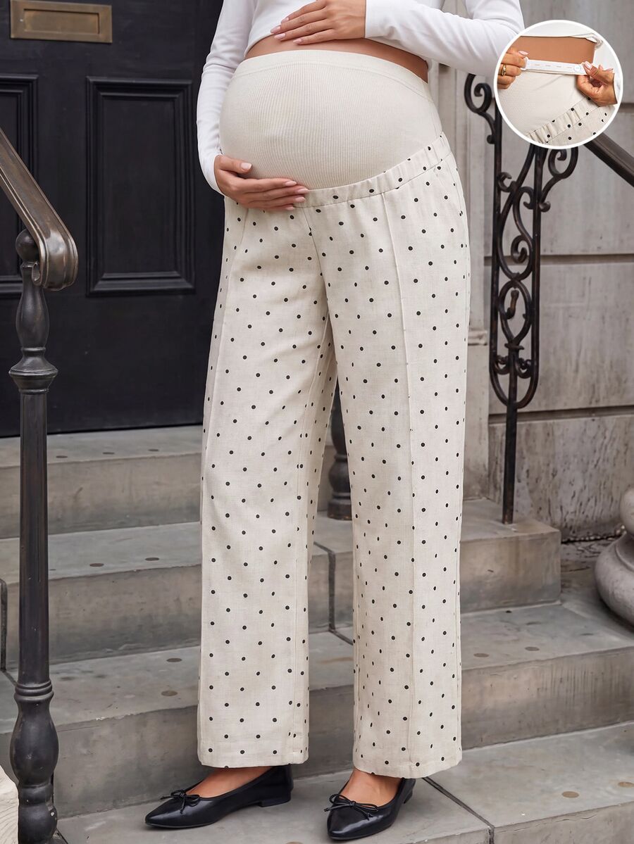 SHEIN 孕婦波點印花直筒長褲 - 卡其色 - 查看 1