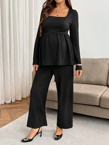 SHEIN Setelan Hamil Atasan dan Celana 2 Potong Warna Polos untuk Pemotretan Musim Gugur, Hitam Kasual Elegan dan Chic - Hitam - View 7