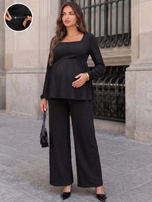SHEIN Setelan Hamil Atasan dan Celana 2 Potong Warna Polos untuk Pemotretan Musim Gugur, Hitam Kasual Elegan dan Chic - Hitam - View 4