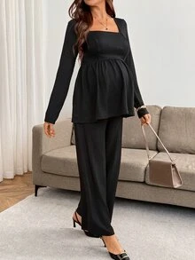 SHEIN Setelan Hamil Atasan dan Celana 2 Potong Warna Polos untuk Pemotretan Musim Gugur, Hitam Kasual Elegan dan Chic - Hitam - View 6