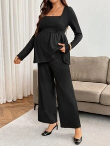 SHEIN Setelan Hamil Atasan dan Celana 2 Potong Warna Polos untuk Pemotretan Musim Gugur, Hitam Kasual Elegan dan Chic - Hitam - View 8